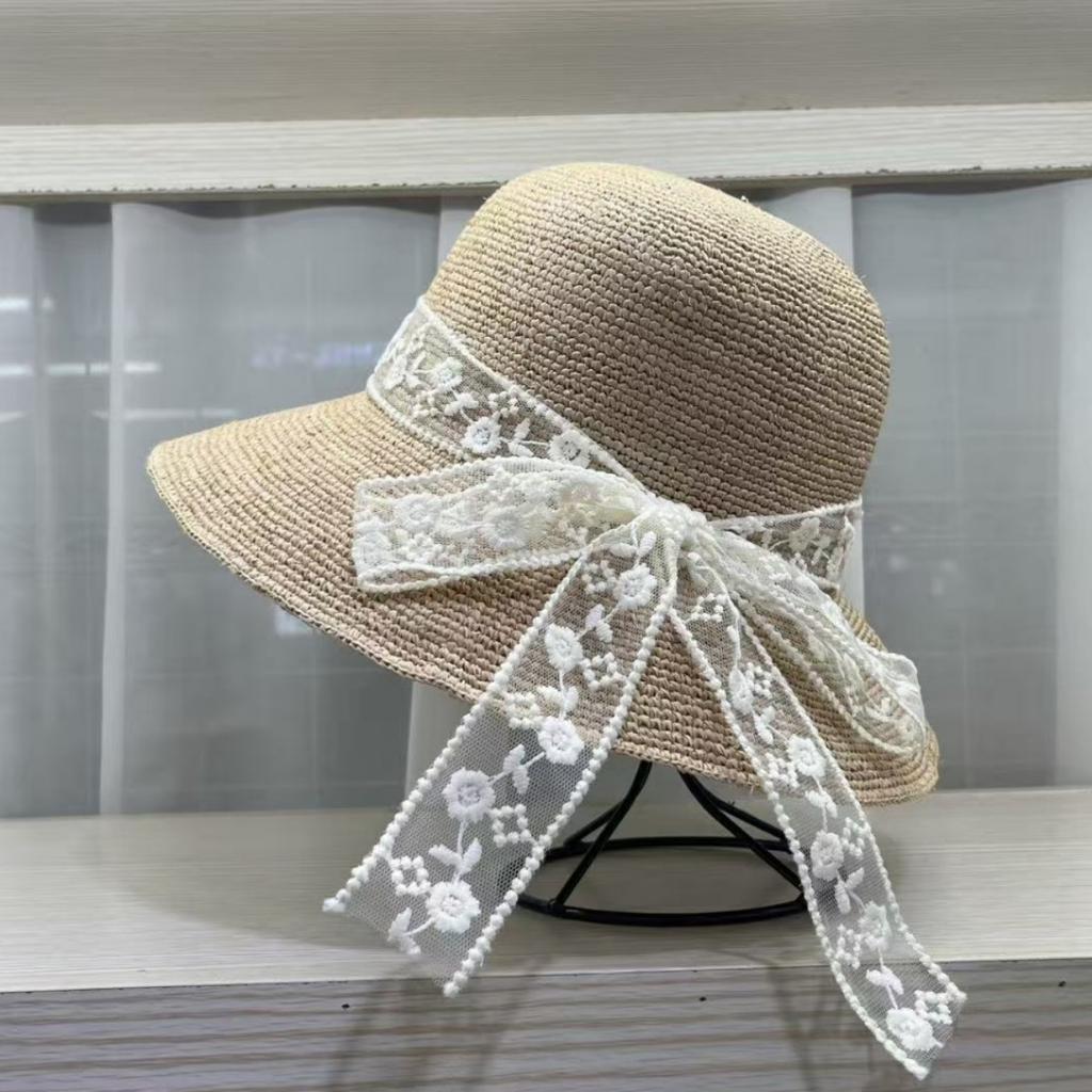 Japanese elegant lace bow sunshade straw hat women's summer travel seaside sunscreen basin hat vacation beach sun hat