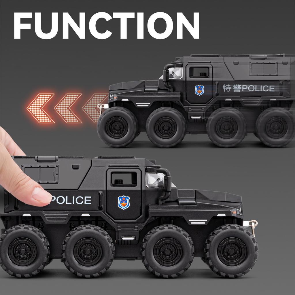 1:32 Conqueror 8X8 Police Car Version Alloy Car Imitation of Real Pull Back Sound and Light Boy Toy Car Collection Ornament Gift
