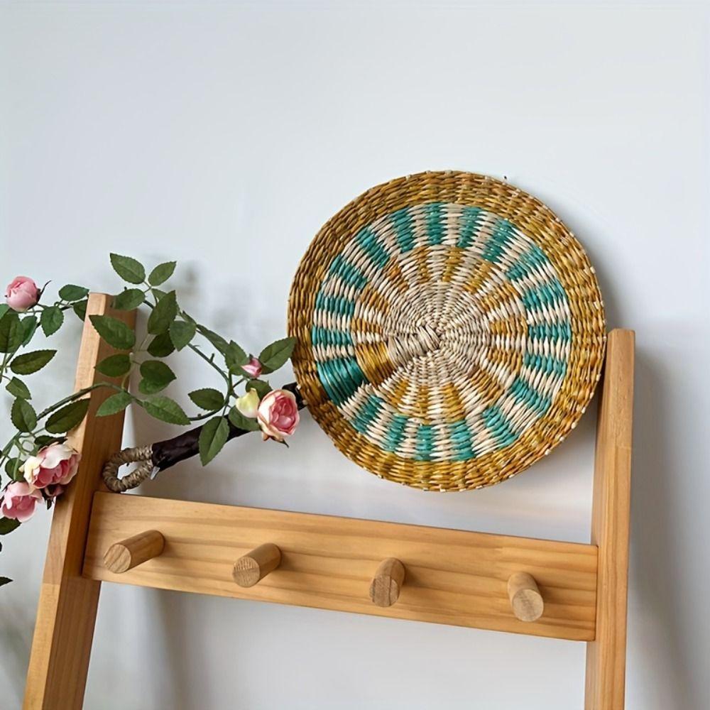 Vintage Seagrass Woven Fan Colorful Striped Patterns Summer Cooling Fan  Home Decoration