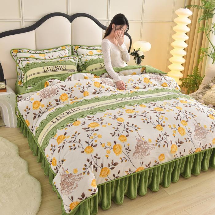 Thickened Milk Fleece Four-Piece Warm Double-Sided Coral Fleece Quilt Cover Flannel Sheet Bed Skirt Bedding