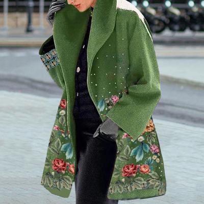 Women Fall Winter Overcoat Flower Print Loose Thick Warm Long Sleeve Plus Size
