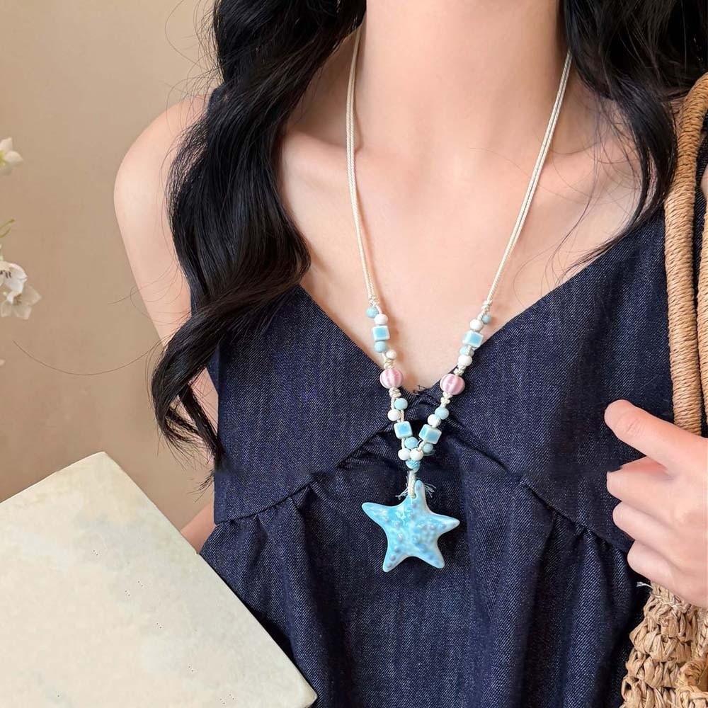 Contrast Color Blue Starfish Collarbone Chain Beads Exquisite Neck Pendant  Seaside Versatile