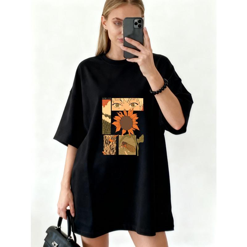 Oversized T Shirt Black Sunflower And Eyes Art Print Graphic Tee For Casual Wear