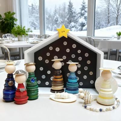 Kit Scene Nașterii cu Nasturi DIY Set Artizanal de Crăciun cu Nasturi Mărgele și Stea pentru Decor de Sărbători Confecționare Creativă de Ornamente de Crăciun pentru Familie Copii