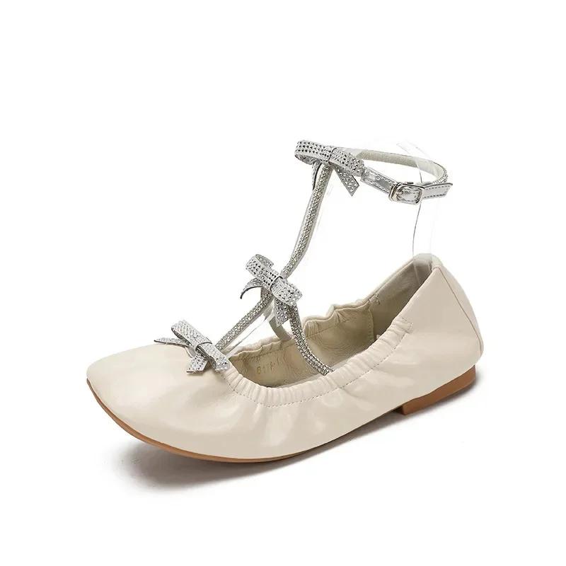 

Fashion French Vintage Heavy Duty Rhinestone Butterfly Knot Slip-On Flat Bottom Ballet Single Shoes Women Mary Jane Shoes 40 абрикосовый