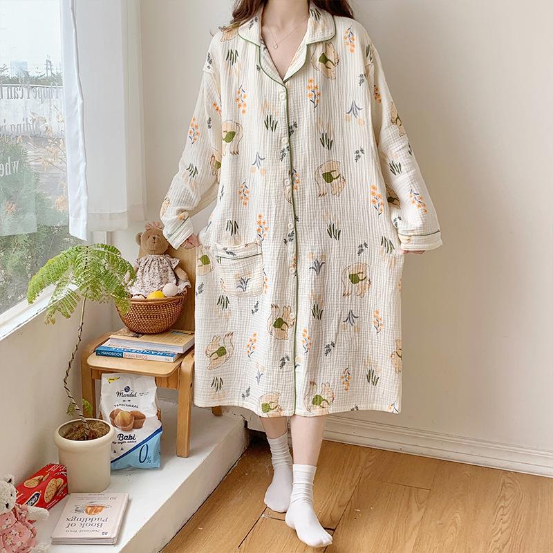 Baumwoll-Musselin Umstandspyjama-Set - Frühling/Herbst Stillnachthemd mit Hose