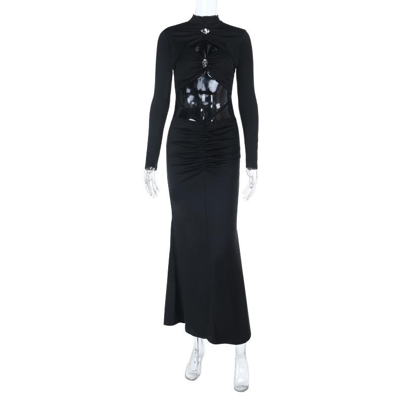 Semi-turtleneck Sexy Hollow Black Long-sleeved Dress Women's European and American Style New Spice Girl Long Dress
