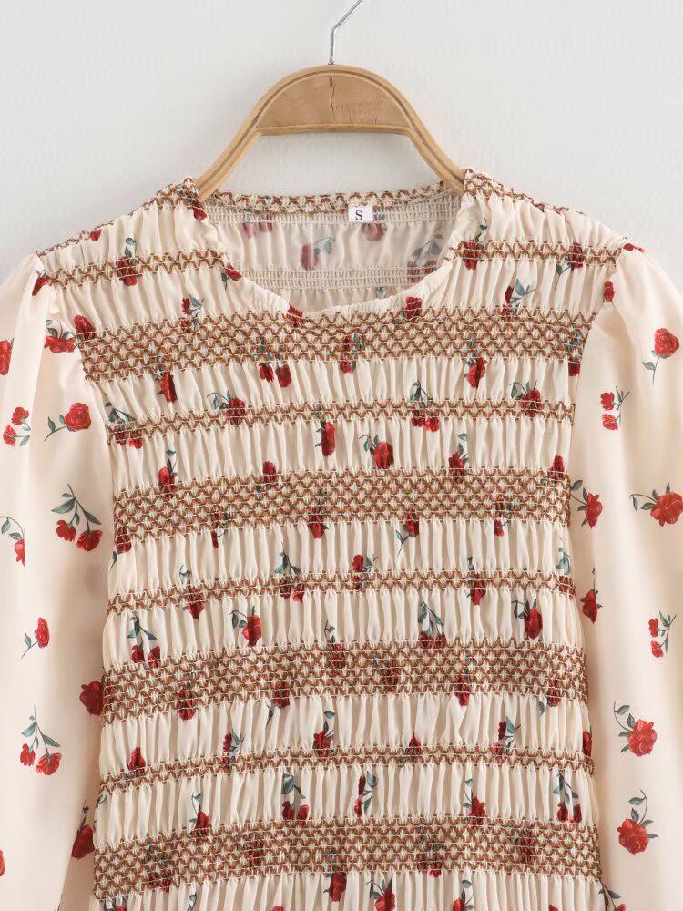 2025 Spring Women's European & American Floral Long Sleeve Round Neck Pleated Shirt