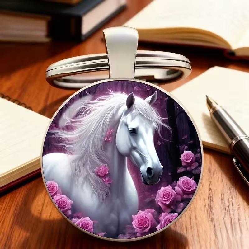 2026 Horse Year Design Dome Glass Alloy Keychain Zodiac Pony Pattern Pendant Backpack Hanging Decor Car Keyring New Year Gift