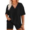 Women's Loose Fashion Solid Color Split V-Neck Short Sleeve Top Shorts Two Piece Set