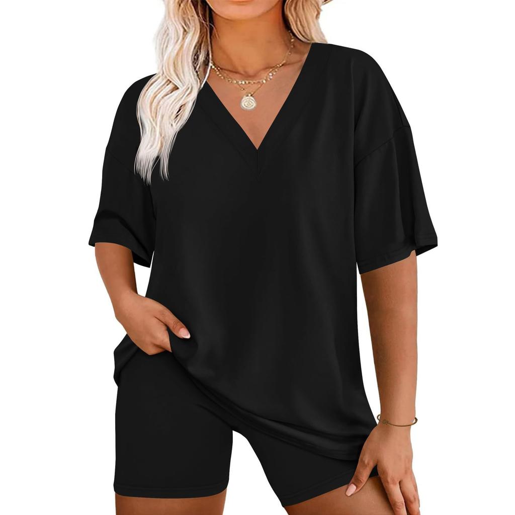Women's Loose Fashion Solid Color Split V-Neck Short Sleeve Top Shorts Two Piece Set