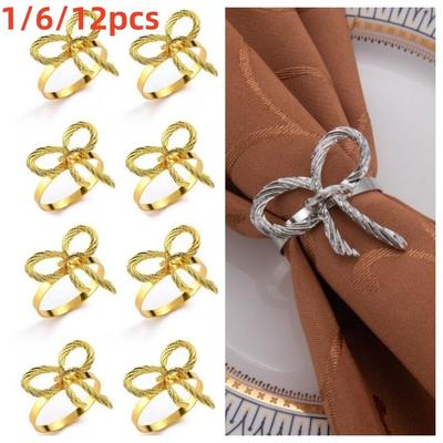 1/6/12pcs Elegant Bow Napkin Holder Gold Dinnig Table Decoration Napkin Ring Buckles  Kitchen