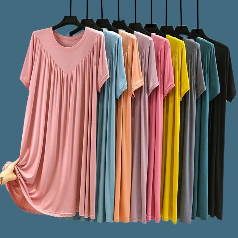 2023 Women's Summer Plus Size Round Neck Cake Dress - Solid Color, Loose Fit, Short Sleeve, Long Length