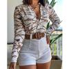 2Pcs/Set Women's Fashion Long Sleeve Floral Print Shirt Stand Collar Casual Button Blouse Set