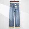 Women's Retro Light Blue Velvet Wide-Leg Jeans: Winter High-Waisted Straight-Leg Pants