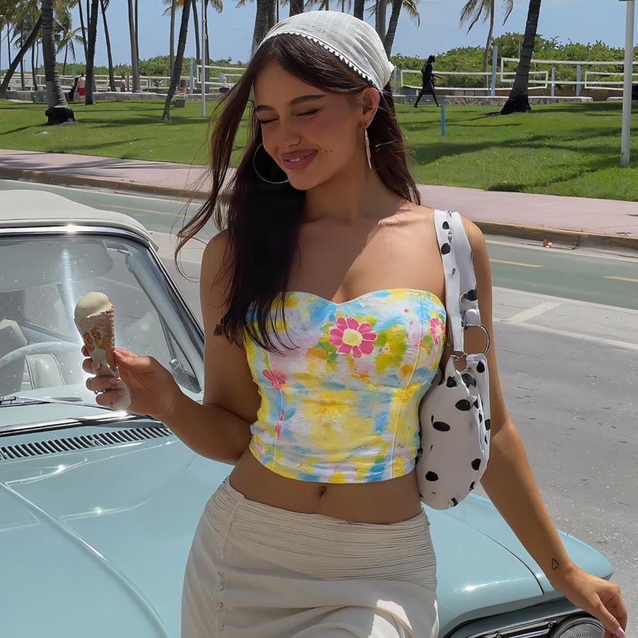 

Women s Summer New Fashion Sexy Crop Top Printed Waist Cinched Camisole XL темний колір орхідеї