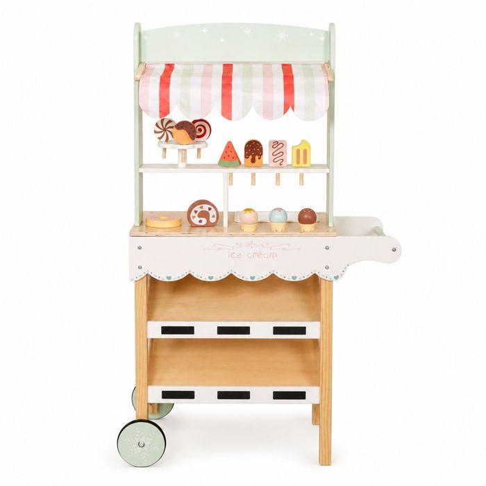Wooden Ice Cream Stand - GINGER HOME - Decorative Awning - Shelves &; Wheels - Pastel Tones, MDF 44/57x28x95.5 Cm
