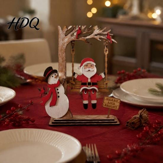 Decoración de Mesa Festiva de Escritorio 3D Madera Papá Noel Columpio Decoración de Mesa Muñeco de Nieve Adorno Navideño Escena Centro de Mesa Casa de Campo Interior Estante de Navidad