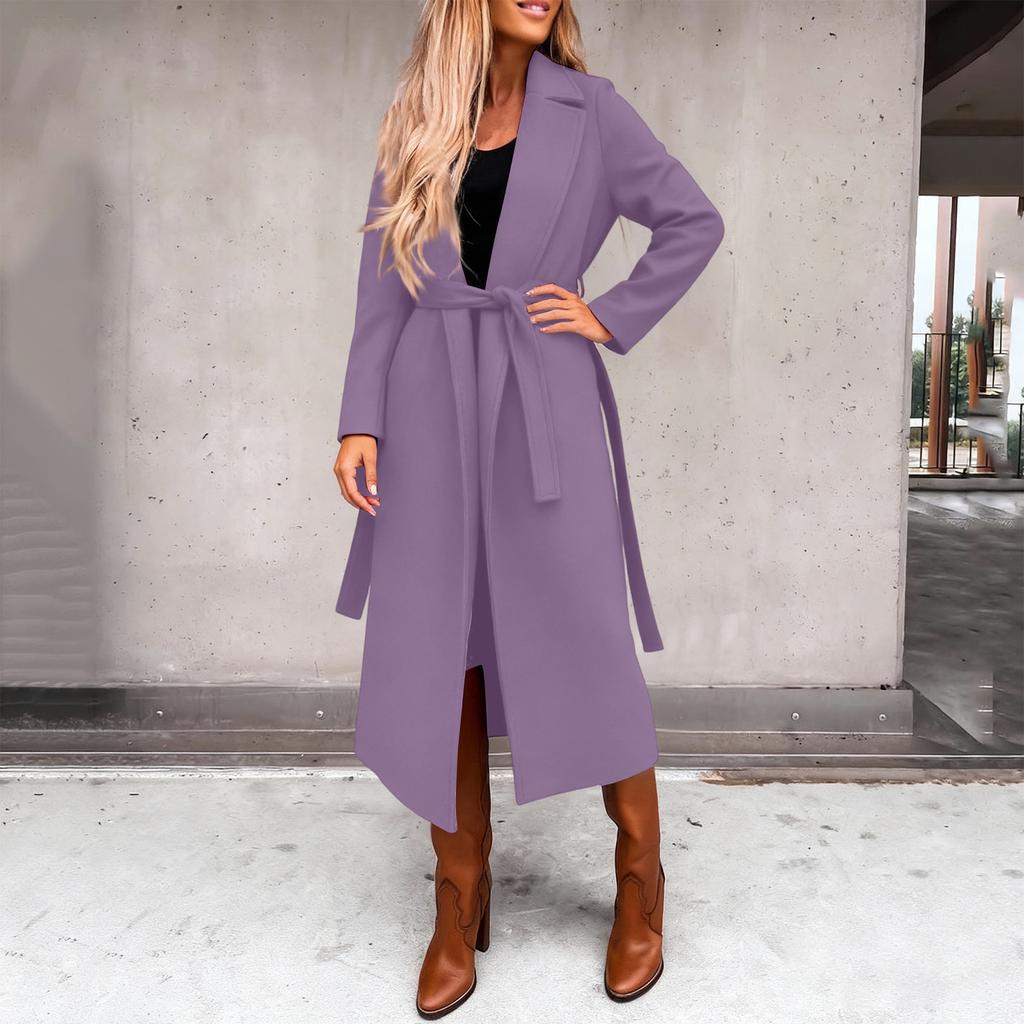 Damen Casual Mode Einfarbig Langärmlig V-Ausschnitt Bindegürtel Langer Wollmantel