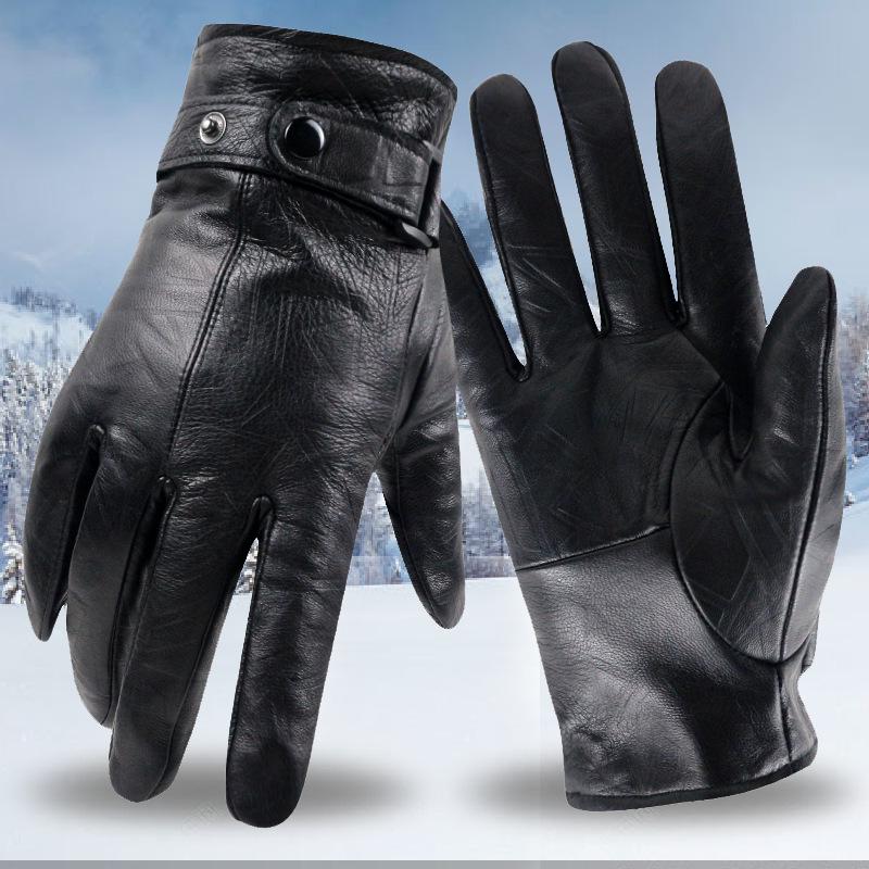 Men's Genuine Leather Winter Gloves - Windproof, Warm Sheepskin with Velvet Lining for Outdoor Sports