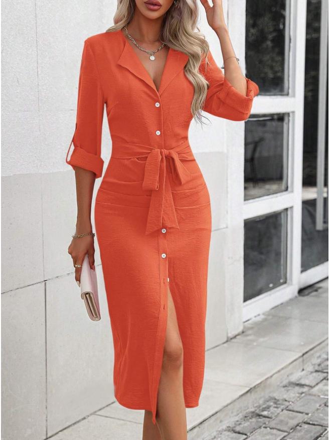 2024 Autumn Solid Color Lapel Waist Tie Slit Dress for Women
