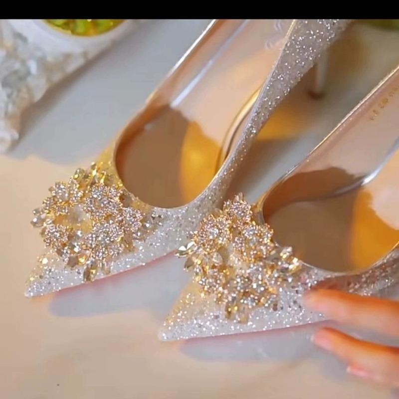 Fashion Shiny Women's Pointed Toe Wedding High Heels Spring New Pearl Decorateion Ladies Pmpus Banquet Fashionable Woman Shoes Sandalias