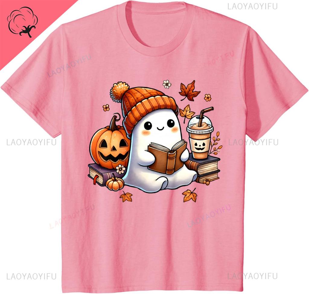Cute Ghost Reading Book Lovers Halloween Ghost Coffee Unisex Tshirt Cotton Unisexs Tshirts Kawayi Graphic T Shirts