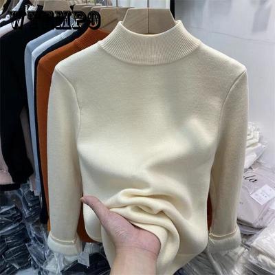 Korean Half High Collar Slim Thick Knitted Pullovers Women Winter Plus Velvet Warm Sweaters Solid Casual Fleece Lined Jumpers