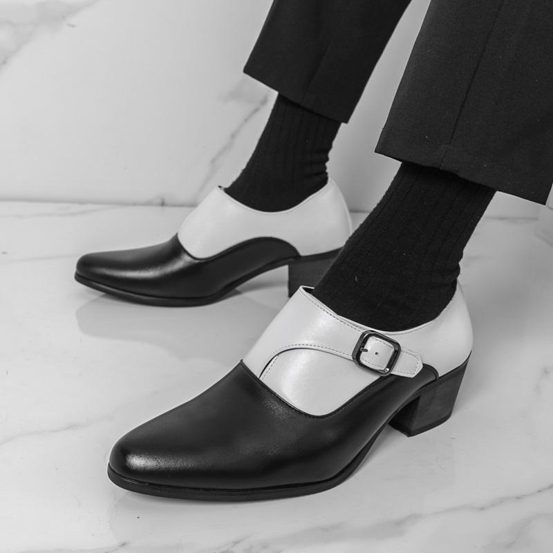 New Slip On Black With White Loafers Men's Pointed Leather Casual Cuban Shoes Wedding Dress Homecoming Footwear Zapatos Hombre