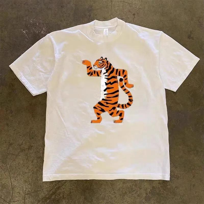 Solid colorUnisex Black Dancing Tiger Print Short Sleeve T-shirt Casual Graphic Tee Streetwear