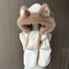 Female Winter Fox Ears Hairy Hat Scarf Gloves Integrated Three-piece Set Fleece Thickened Thermal Cycling Hat