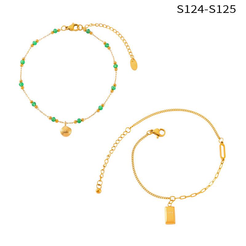 Retro French Green Beaded Gold-Plated Titanium Anklet with Shell Pendant