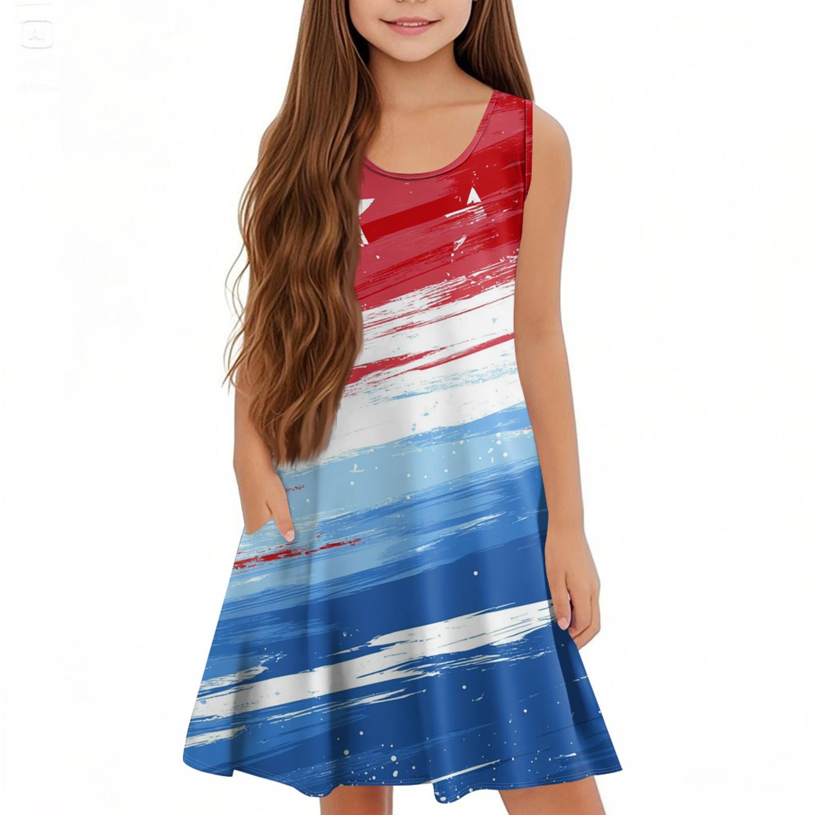 

Детское летнее платье А-силуэта без рукавов с U-образным вырезом, повседневное, на День независимости 150 красный