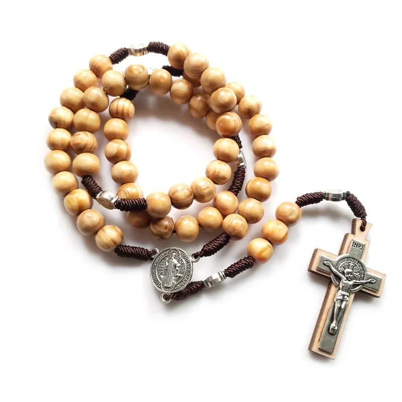 1pcs Brown Wood Beads Strand Necklace Jesus Cross Weave Rosaries Catholic Religious Jewelry