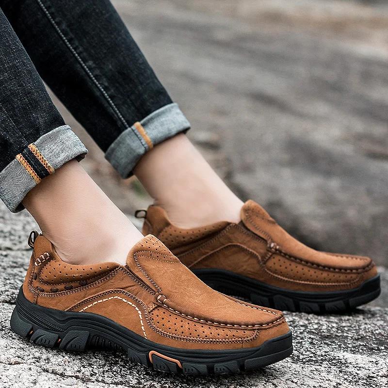 Fashion Outdoor Men's Casual Hiking Shoes Men Non-slip Walking Footwear Genuine Leather Male Comfortable Loafers Male All-match Flats