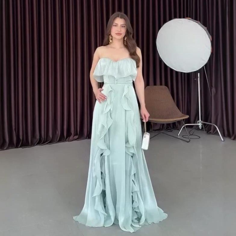 2026 spring and autumn new European, American and Amazon cross-border foreign trade women s waist sleeveless tube top dress ruffle edge long dress XS