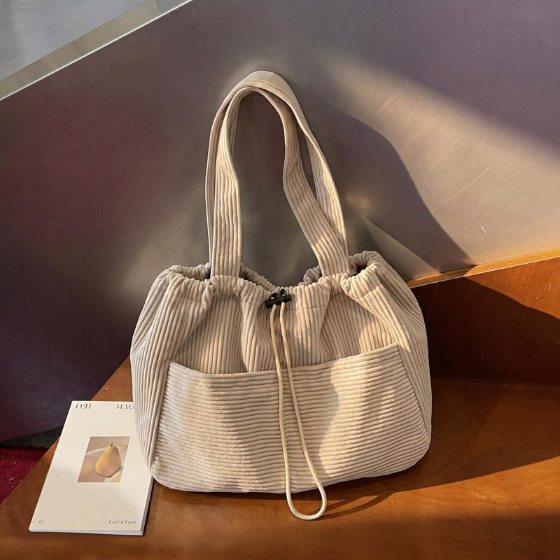 Solid Color Lightweight Corduroy Drawstring Tote Bag Large Capacity Shoulder Tote Bag