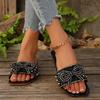 Women's Large Size Slippers Summer New Square Head Open Toe Crystal Pearl Butterfly Knot Soft Soled Non-slip Flat Shoes
