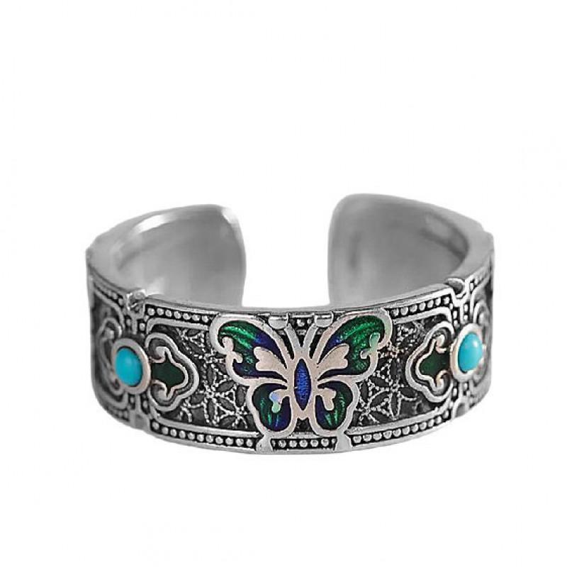 Adjustable Open Ring With Enamel Butterfly Natural Turquoise Stone Vintage Bohemian Style Copper Jewelry Women Men