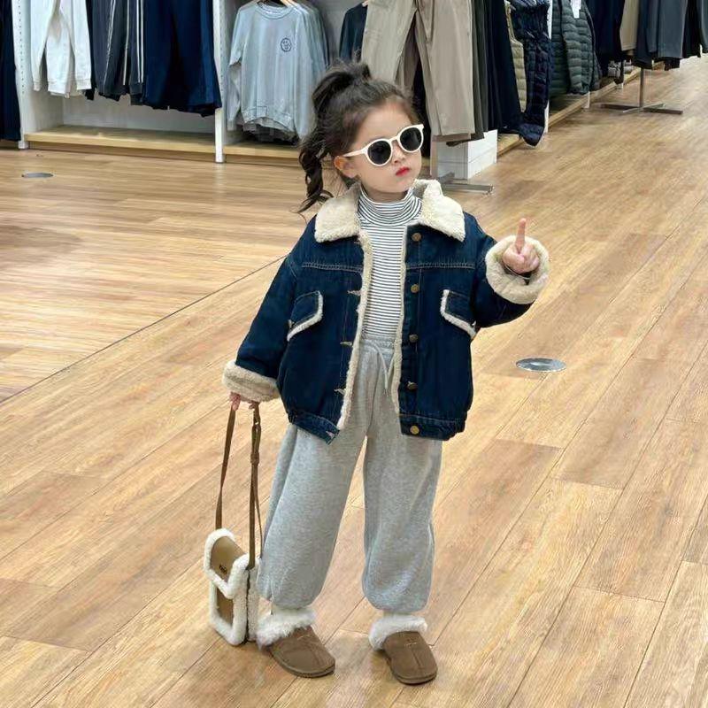 2024 Girls' Winter Fleece-Lined Denim Jacket & Pants Set