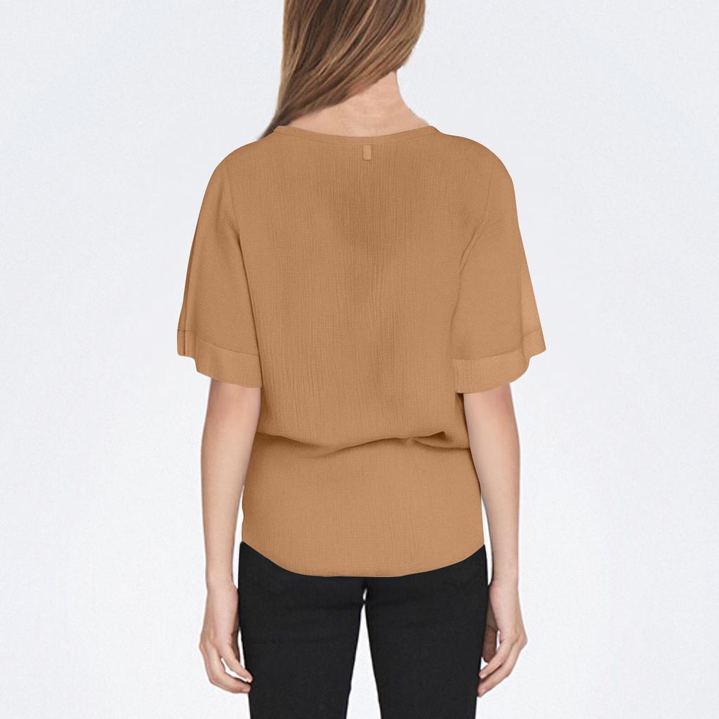 Ladies Casual Loose Fashion Medium Sleeve Cotton Linen Solid Color V-neck Button-down Shirt