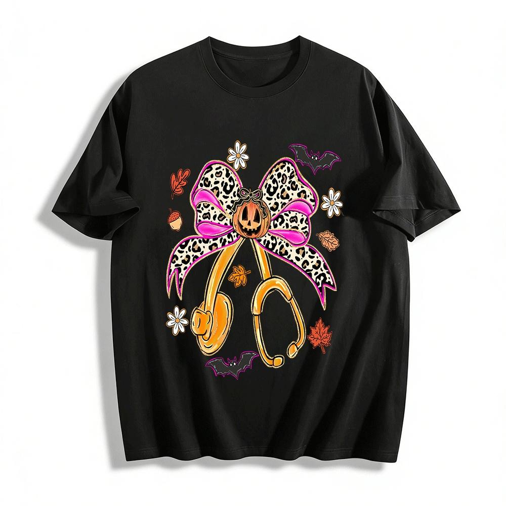 Halloween Leopard Bow Stethoscope Print Top Pure cotton T-shirt XXS