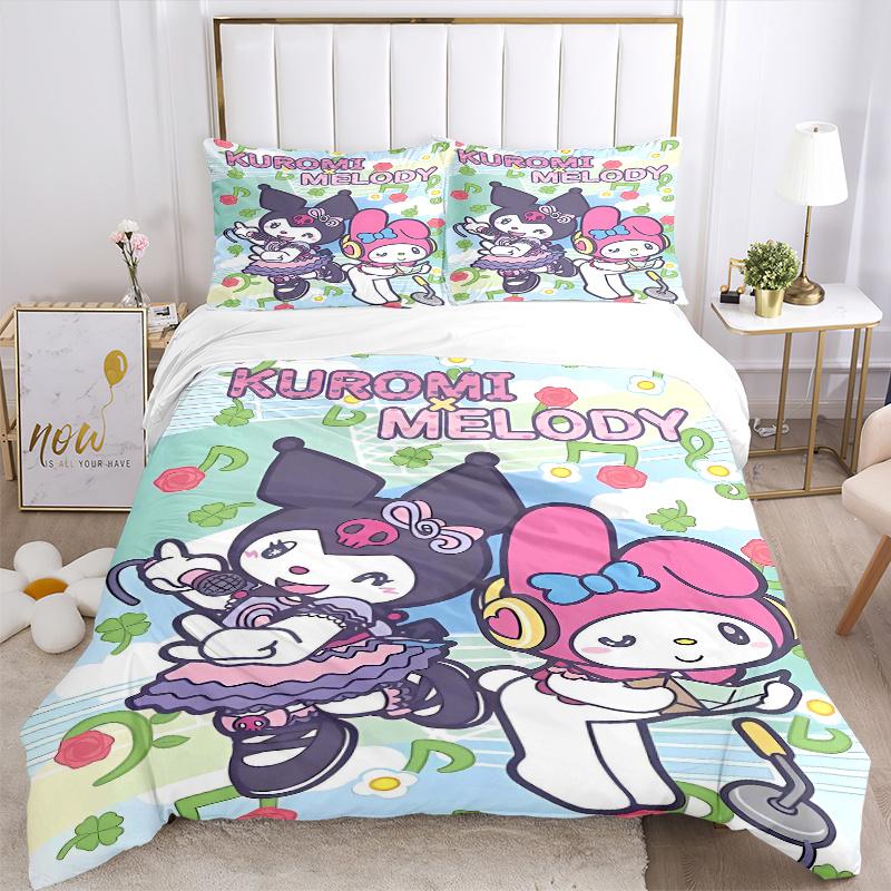 3pcs Musical Adventure Kuromi & Melody Quilt Set - Soft and Comfortable Bedroom, Guest Room and Dorm Decor Bedding Set 1 Quilt Cover + 2 Pil