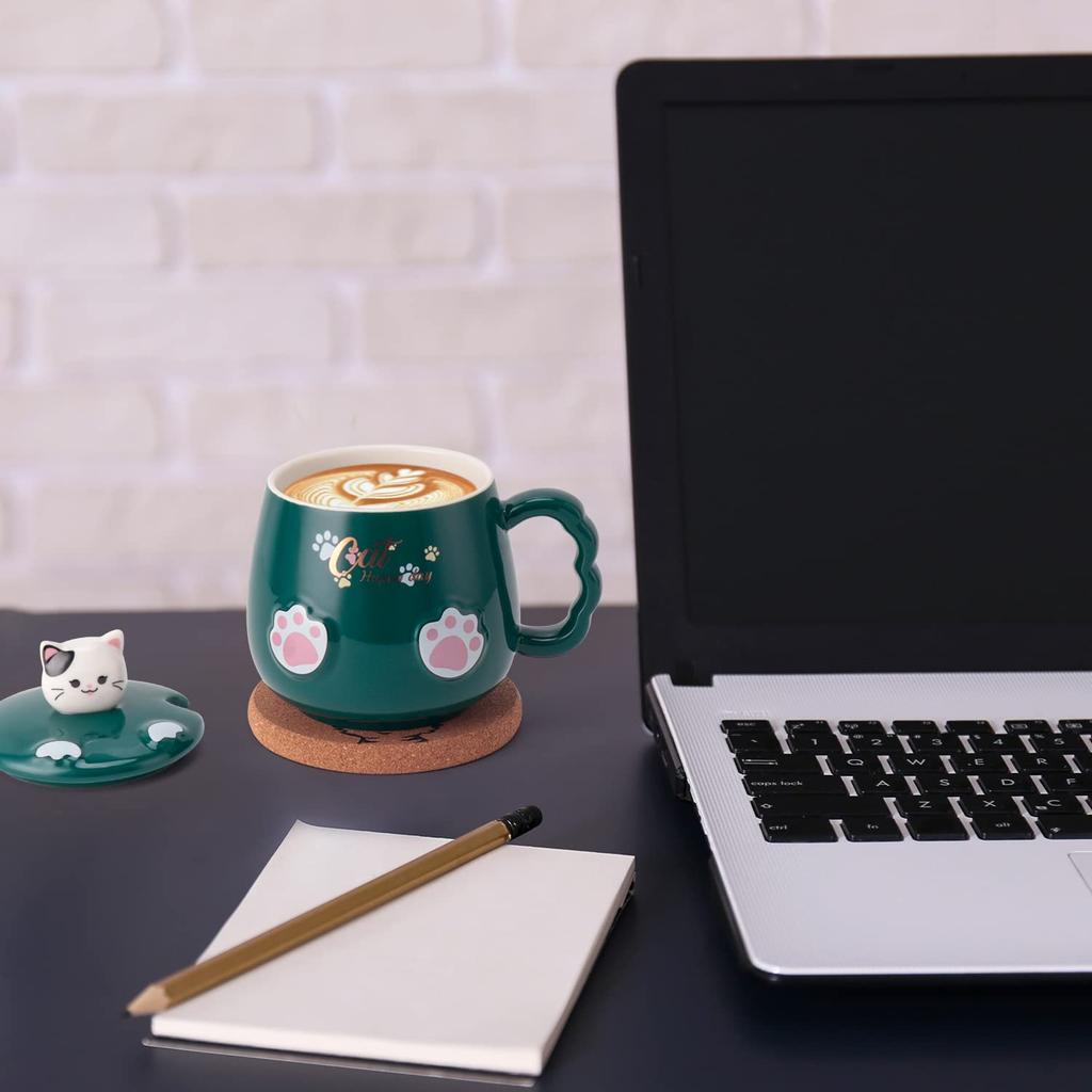Ceramic Cat Mug with Lid and Coffee Cute Cat Birthday Gift Spoon, Cup/Mug, (White) (Green)