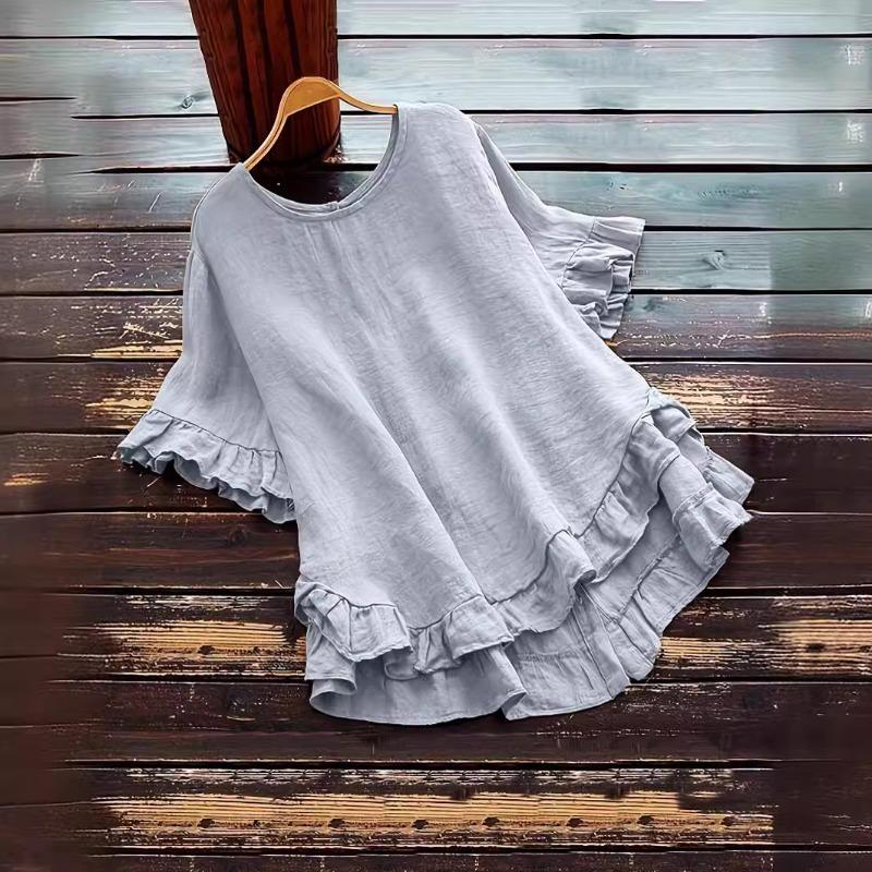 Summer New Solid Loose Ruffled Casual Shirts Women Tops Retro Round Neck Short Sleeve Women's Blouses Elegant Fashion Slim Simple Ladies Shirt 26464