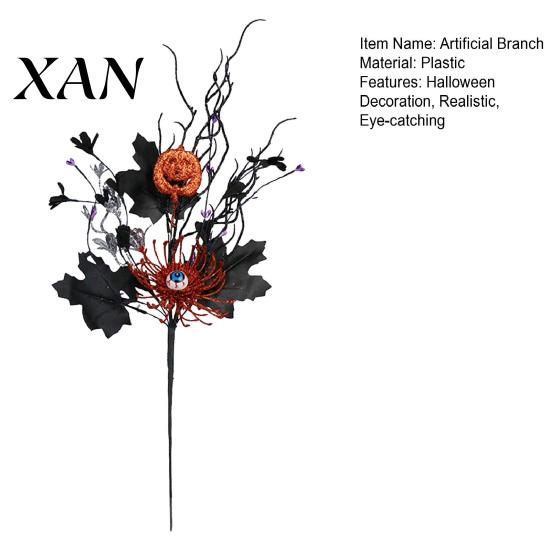 Realistic Halloween Patterns Artificial Branch with Pumpkin And Eyeball, Black Glitter Fake Twig Decorations Maple Leaves for Gothic Vase Filler,