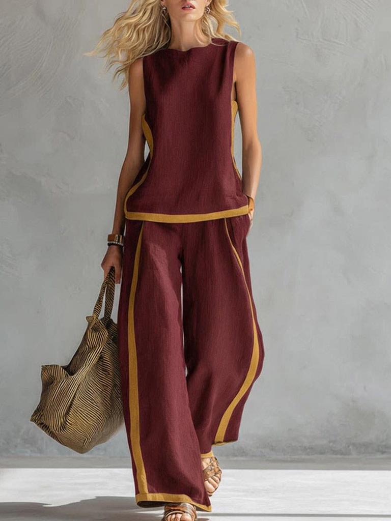 2026 Mouwloze Kleurblok Wijde Pijpen Jumpsuit: Dames Zomer Casual Mode Tweedelig Set, Europese & Amerikaanse Stijl