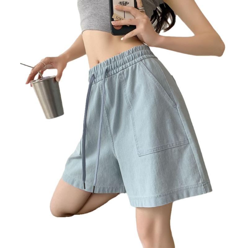 Letnie Damskie Luźne Szorty Jeansowe Modne Kieszenie ze Sznurkiem Szerokie Nogawki Szorty Denim Eleganckie Szorty Jeansowe A-line Casualowe Plisowane Szorty ze Stanem 948