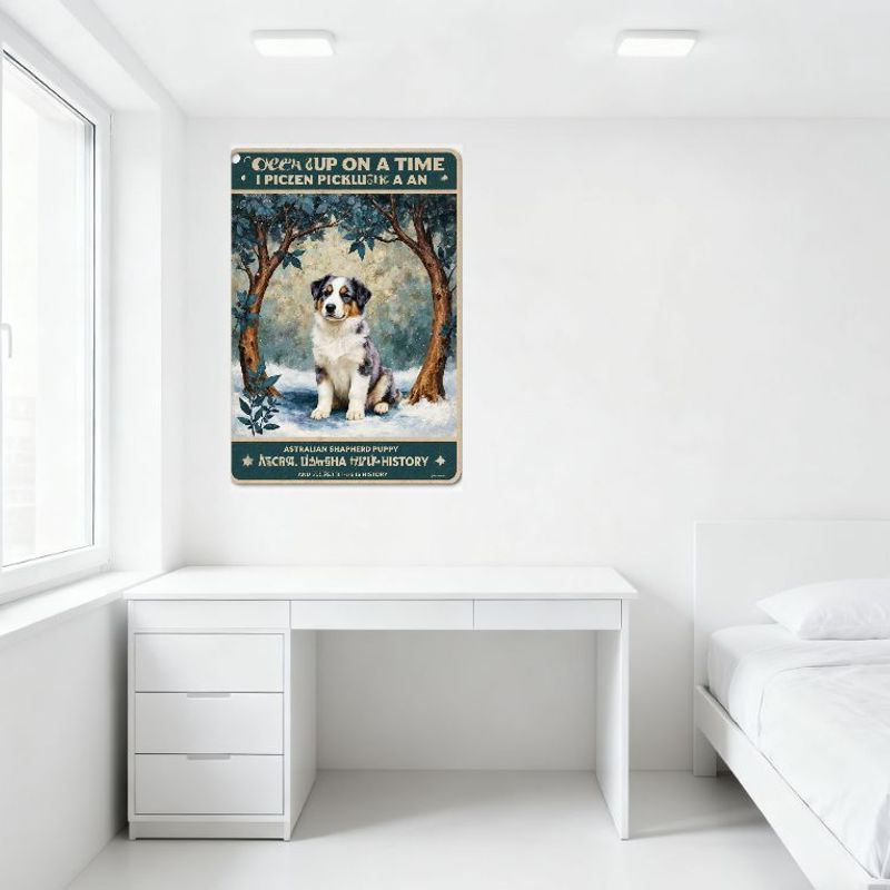 Vintage Australian Shepherd Puppy Metal Tin Sign Snowy Forest Retro Whimsical Wall Decor for Bar Pub Home Cafe 8x12 Inch