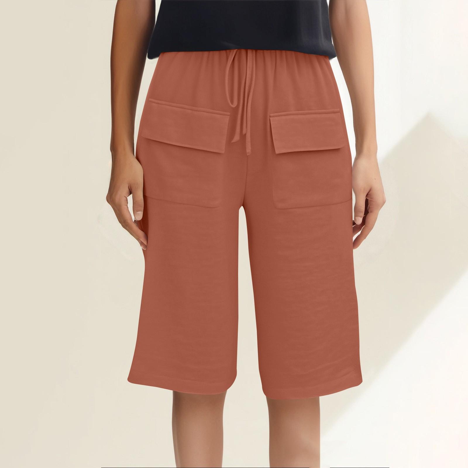 

Women s Fashion Solid Color Pocket Casual Drawstring Quarter Pants S шафрановый